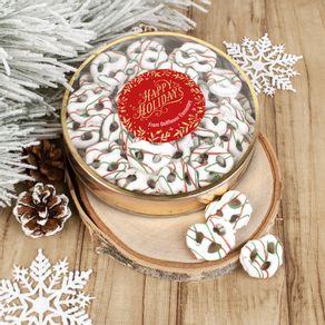 Personalized Christmas Gold Leaves Large Plastic Tin Holiday Yogurt Pretzels (approx 40pcs)