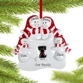 Snowman Family of 4 with 1 Black Dog Ornament