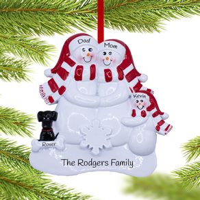 Snowman Family of 3 with a Black Dog Ornament