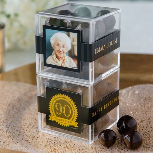Personalized Milestone 90th Birthday JUST CANDY� favor cube with Premium Rum Cordials - Dark Chocolate