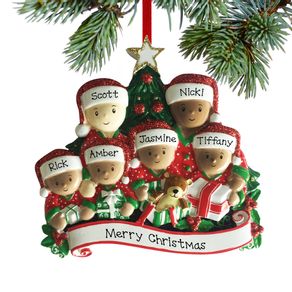 Opening Presents Biracial Family of 6 Ornament