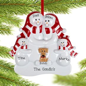 Snowman Family of 4 with 1 Brown Dog Ornament