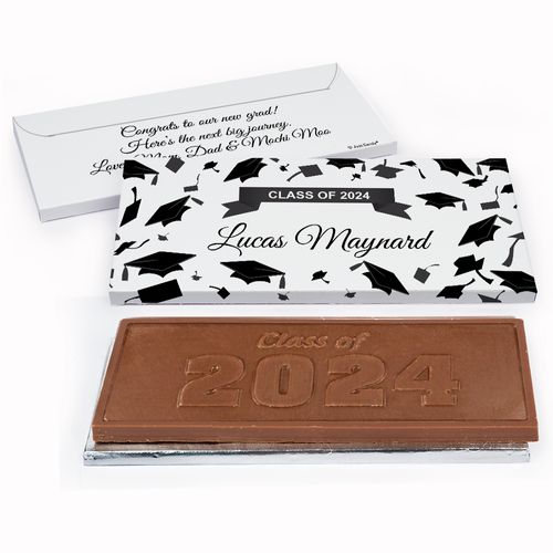 Deluxe Personalized Graduation Tossed Caps Embossed Chocolate Bar in Gift Box