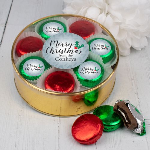 Personalized Merry Christmas Gold Extra-Large Plastic Tin with 16 Chocolate Covered Oreo Cookies