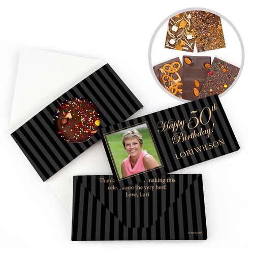 Personalized Milestone Birthday 50th Photo Pinstripes Gourmet Infused Belgian Chocolate Bars (3.5oz)