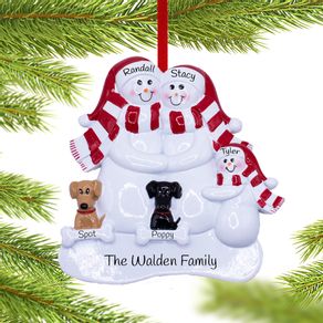 Snowman Family of 3 with a Tan and Black Dog Ornament