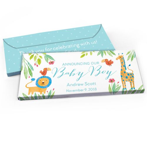 Deluxe Personalized Baby Boy Announcement Safari Snuggles Chocolate Bar in Gift Box