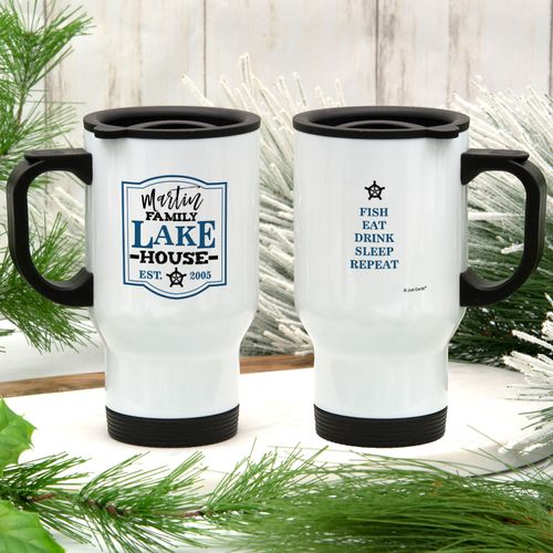 Personalized Family Blue Lake House Stainless Steel Travel Mug (14oz)