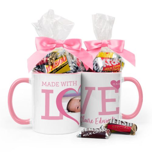 Personalized Baby Girl Announcement Hearts 11oz Mug with Hershey's Miniatures