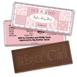 Baby Girl Announcement Personalized Embossed Chocolate Bar It's a Girl Quilt