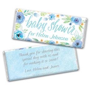 Personalized Bonnie Marcus Baby Shower Blue Watercolor Wreath Chocolate Bar Wrappers Only
