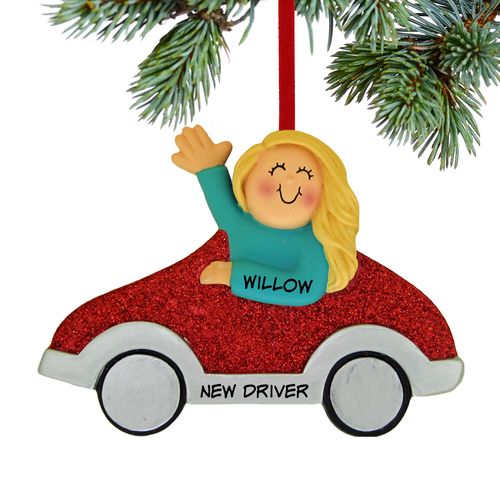 New Driver Girl (Red Car) Ornament