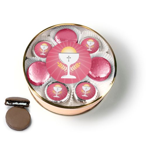 First Communion Pink Chalice & Holy Host Chocolate Covered Oreo Cookies Extra-Large Plastic Tin