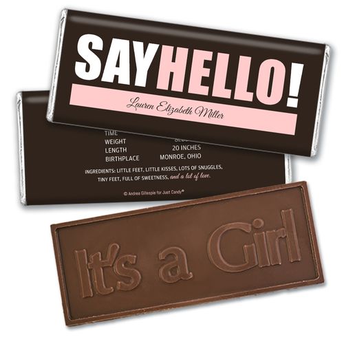 Personalized Say Hello! Baby Girl Birth Announcement Hershey's Embossed Chocolate Bar & Wrapper