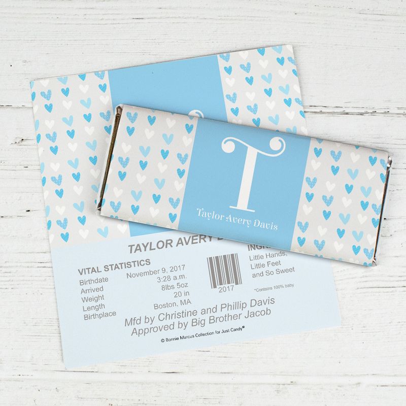 Birth Announcement | Personalized Chocolate Bar Wrapper | Blue Hearts ...