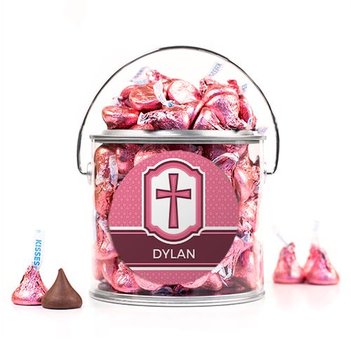 Personalized Confirmation Pink Hexagonal Pattern Engraved Cross Silver Paint Can with Sticker