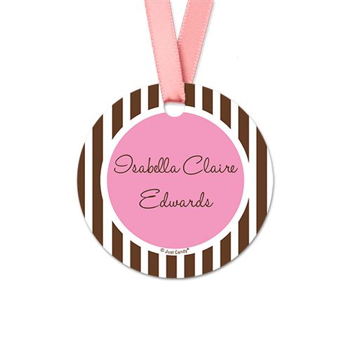 Personalized Round Stripes Baby Girl Announcement Favor Gift Tags (20 Pack)