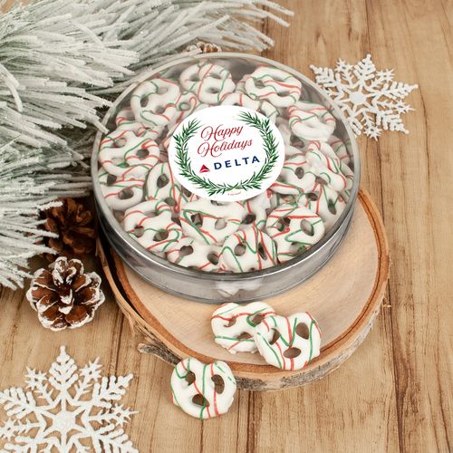 Personalized Happy Holidays Winter Greenery Add Your Logo Large Plastic Tin Holiday Yogurt Pretzels (approx 40pcs)