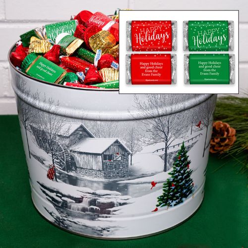Personalized Snow Covered Mill 8 lb Happy Holidays Hershey's Mix Tin