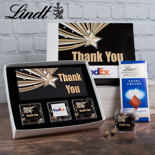 Personalized Thank You Gold Star Premium Gift Box with Lindt Milk Chocolate Bar & 3 JUST CANDY® favor cubes