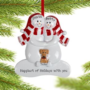 Snowman Couple with 1 Brown Dog Ornament