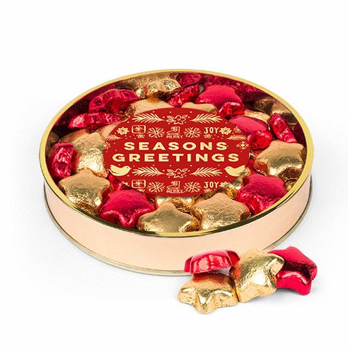 Bonnie Marcus Christmas Seasons Greetings Large Plastic Tin with Milk Chocolate Foiled Stars