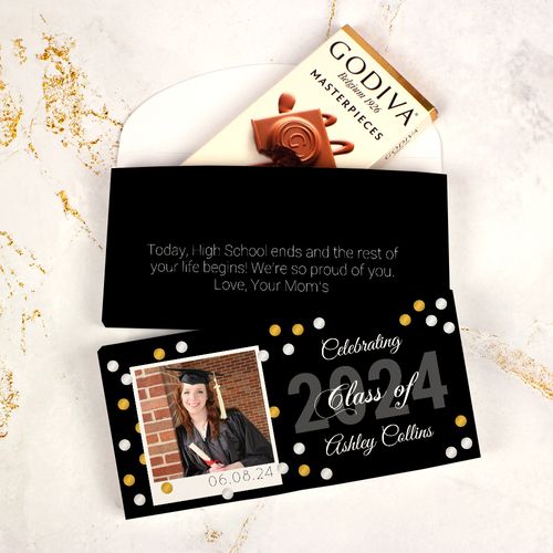 Deluxe Personalized Graduation Polaroid Photo Confetti Godiva Chocolate Bar in Gift Box