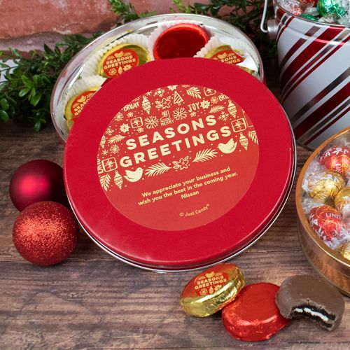 Personalized Seasons Greetings Red Tin with 16 Chocolate Covered Oreo Cookies