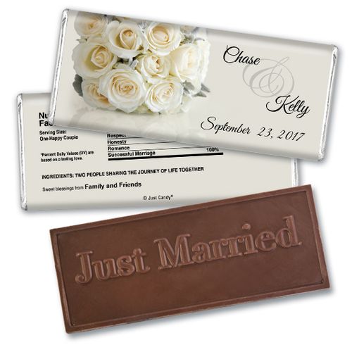 Wedding Favor Personalized Embossed Chocolate Bar White Roses Bouquet