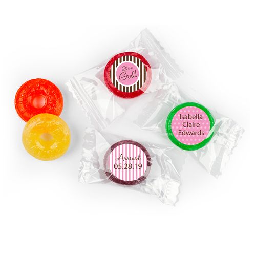 Baby Girl Announcement Personalized LifeSavers 5 Flavor Hard Candy Dots & Pinstripes (300 Pack)