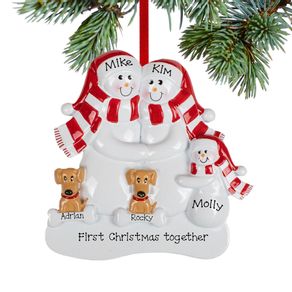 Snowman Family of 3 with 2 Brown Dogs Ornament