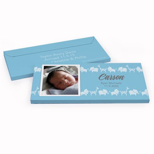 Deluxe Personalized Baby Boy Announcement Animal Parade Chocolate Bar in Gift Box