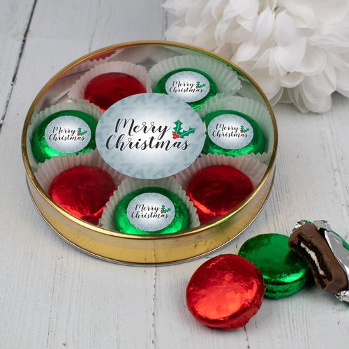 Merry Christmas Gold Large Plastic Tin with 8 Chocolate Covered Oreo Cookies