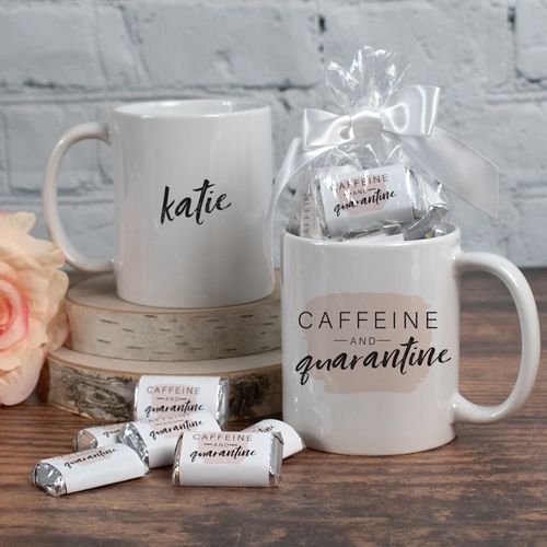 Personalized Caffeine and Quarantine 11oz Mug with approx. 24 Wrapped Hershey's Miniatures