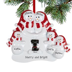 Snowman Family of 5 with 1 Black Dog Ornament