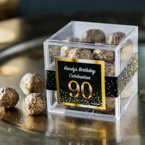 Personalized Milestone 90th Birthday JUST CANDY® favor cube with Premium Sparkling Prosecco Cordials - Dark Chocolate