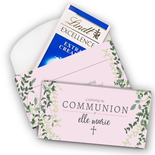 Deluxe Personalized Rose Pink Leaves Communion Lindt Chocolate Bars in Gift Box (3.5oz)