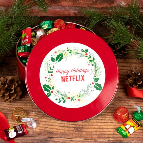 Personalized Christmas Gift Tin with Holiday Hershey Mix - Simple Holly Wreath Add Your Logo