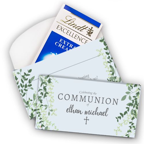 Deluxe Personalized Green Leaves Communion Lindt Chocolate Bars in Gift Box (3.5oz)