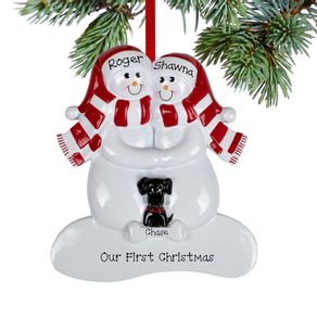 Snowman Couple with 1 Black Dog Ornament