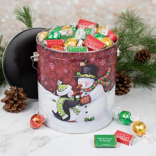 Penguin Present Christmas Happy Holidays 3lb Tin Personalized Hershey's Miniatures & Lindt Truffles
