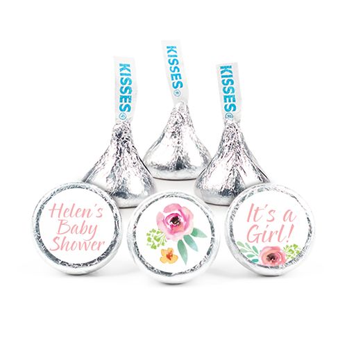 Personalized Bonnie Marcus Baby Shower Watercolor Blossom Wreath Pink Hershey's Kisses (50 Pack)