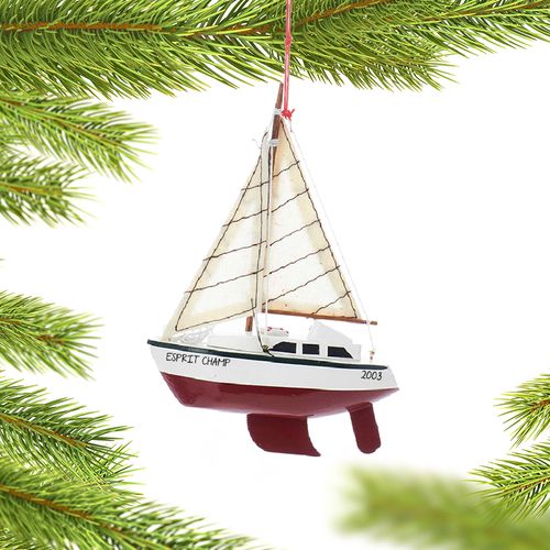 Wooden Yacht Sailboat with Red Hull Ornament