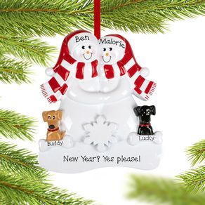 Snowman Couple with 1 Brown and 1 Black Dog Ornament