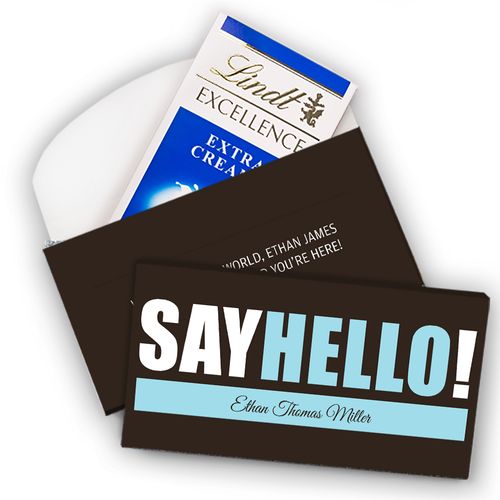 Deluxe Personalized Boy Birth Announcement Say Hello Lindt Chocolate Bar in Gift Box (3.5oz)