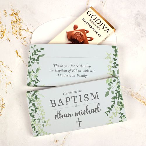 Deluxe Personalized Godiva Green Leaves Baptism Chocolate Bar in Gift Box