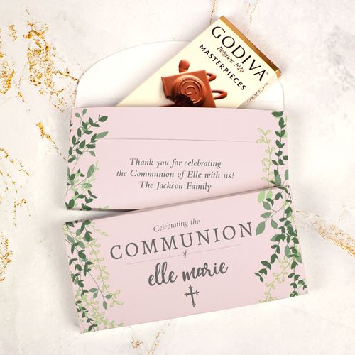 Deluxe Personalized Godiva Rose Pink Leaves Communion Chocolate Bar in Gift Box