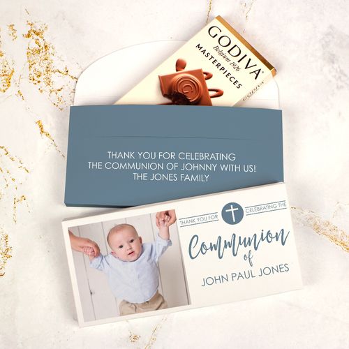 Deluxe Personalized Godiva Gray Cross Circle Communion Chocolate Bar in Gift Box