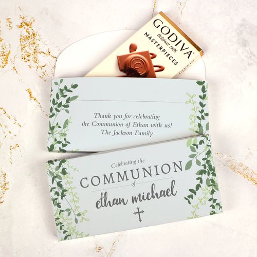 Deluxe Personalized Godiva Green Leaves Communion Chocolate Bar in Gift Box