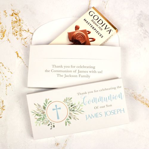 Deluxe Personalized Godiva Cross Circle Communion Chocolate Bar in Gift Box